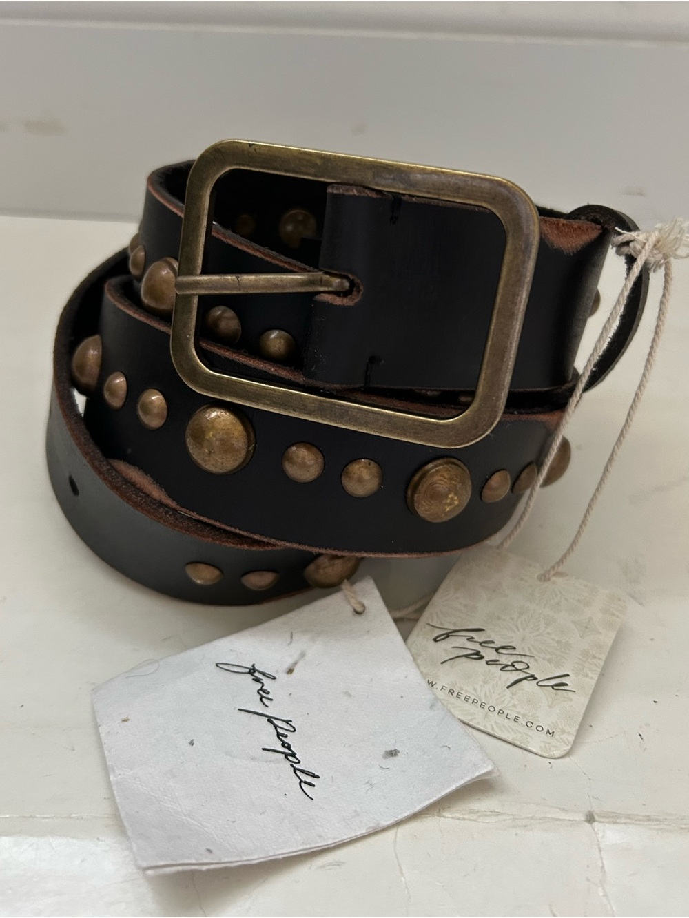 Free People NWT leather aged style studded black belt silver buckle size M/L